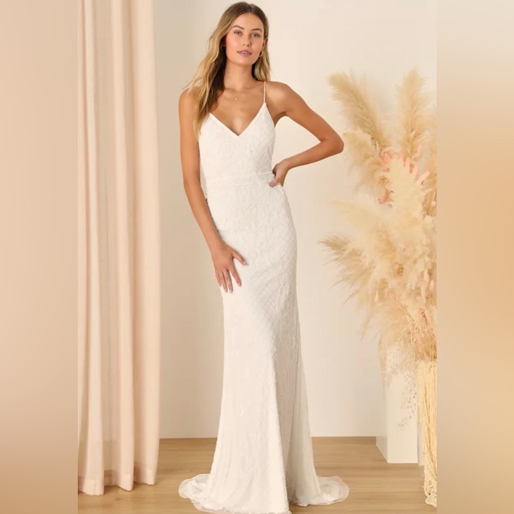 Lulus Cherished Vow White Beaded Backless Mermaid Maxi Dress Sz S